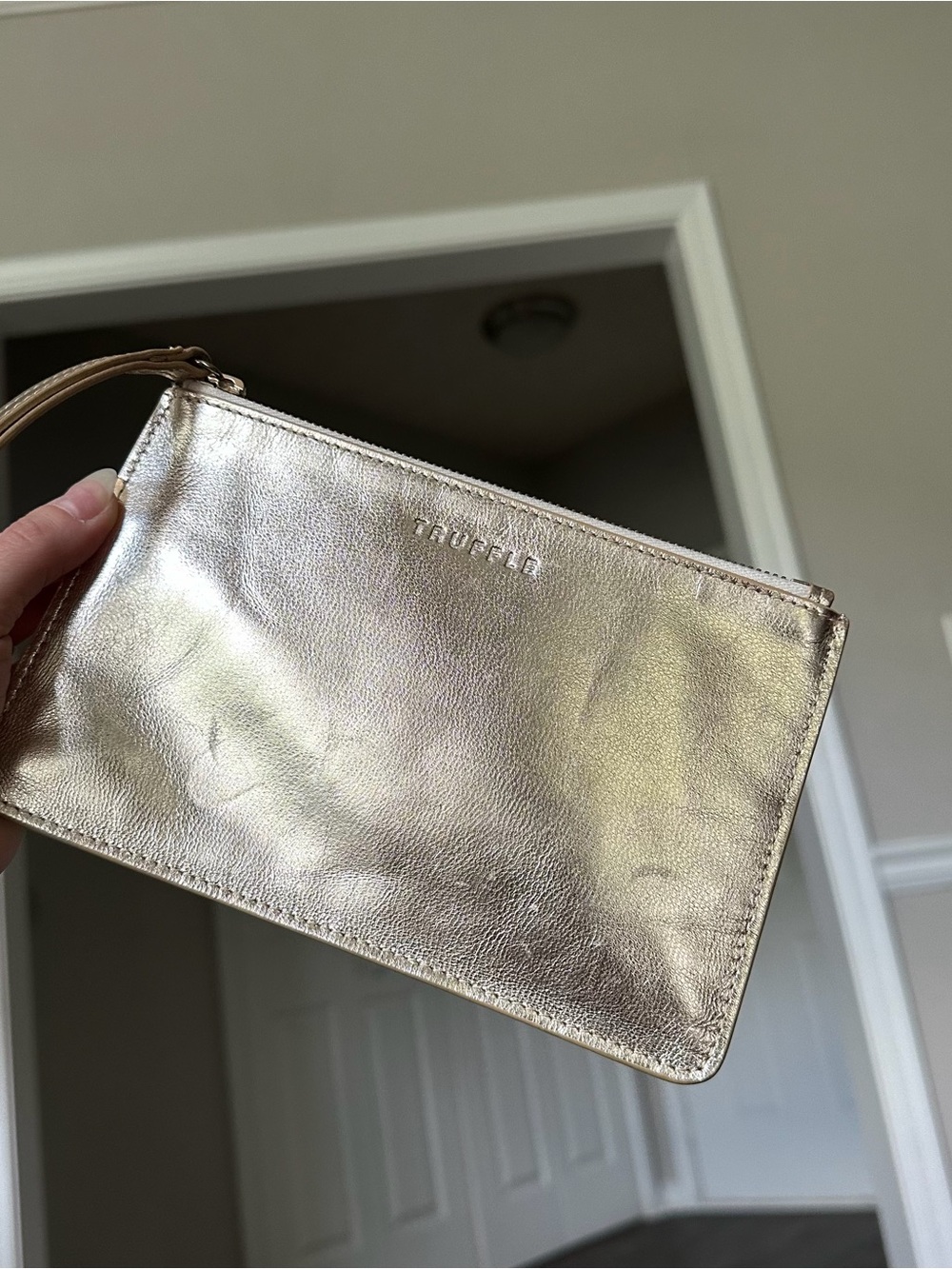 Truffle Shimmery Gold Wristlet Clutch Small Zipper Pouch Bag
